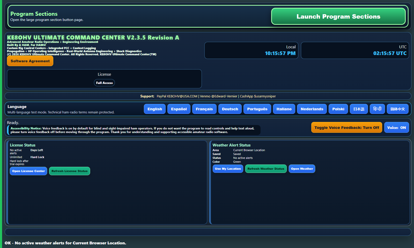 Real KE8OHV Ultimate Command Center home dashboard showing the working program menus and status panels